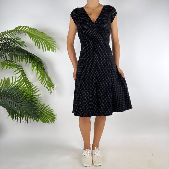 Vintage Y2K Black Polka Dot Retro Twee V Neck Short Sleeve Midi Dress / Small - Picture 4 of 6